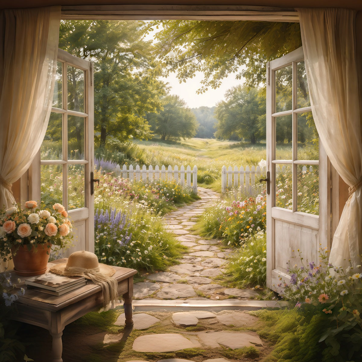 Fotohintergrund zum Muttertag im Farmhouse-Chic: Sonnendurchfluteter Weg, Blick durch offenes Fenster, Fotohintergrund zum Muttertag LXX63-42