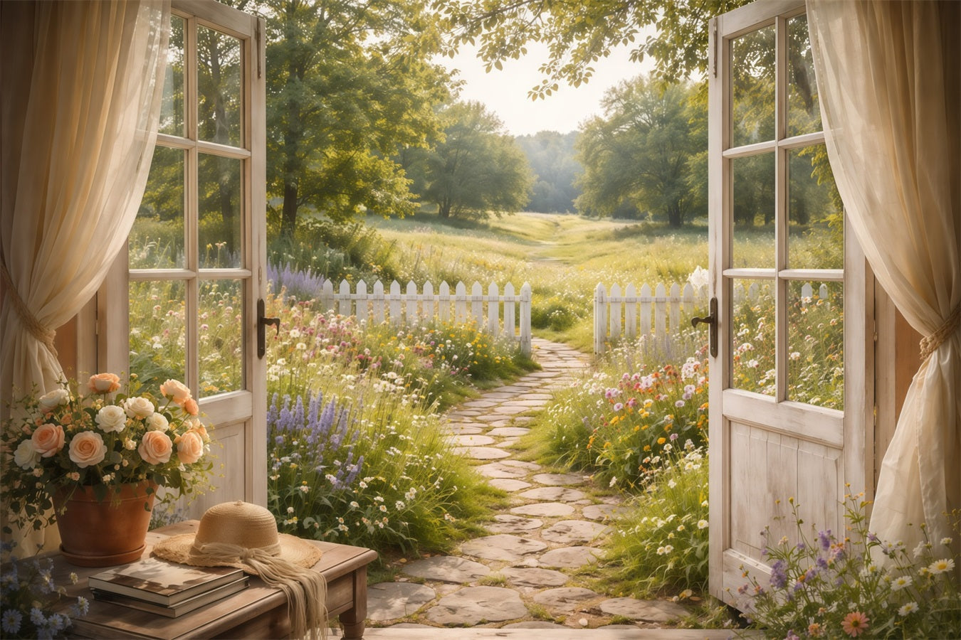 Fotohintergrund zum Muttertag im Farmhouse-Chic: Sonnendurchfluteter Weg, Blick durch offenes Fenster, Fotohintergrund zum Muttertag LXX63-42