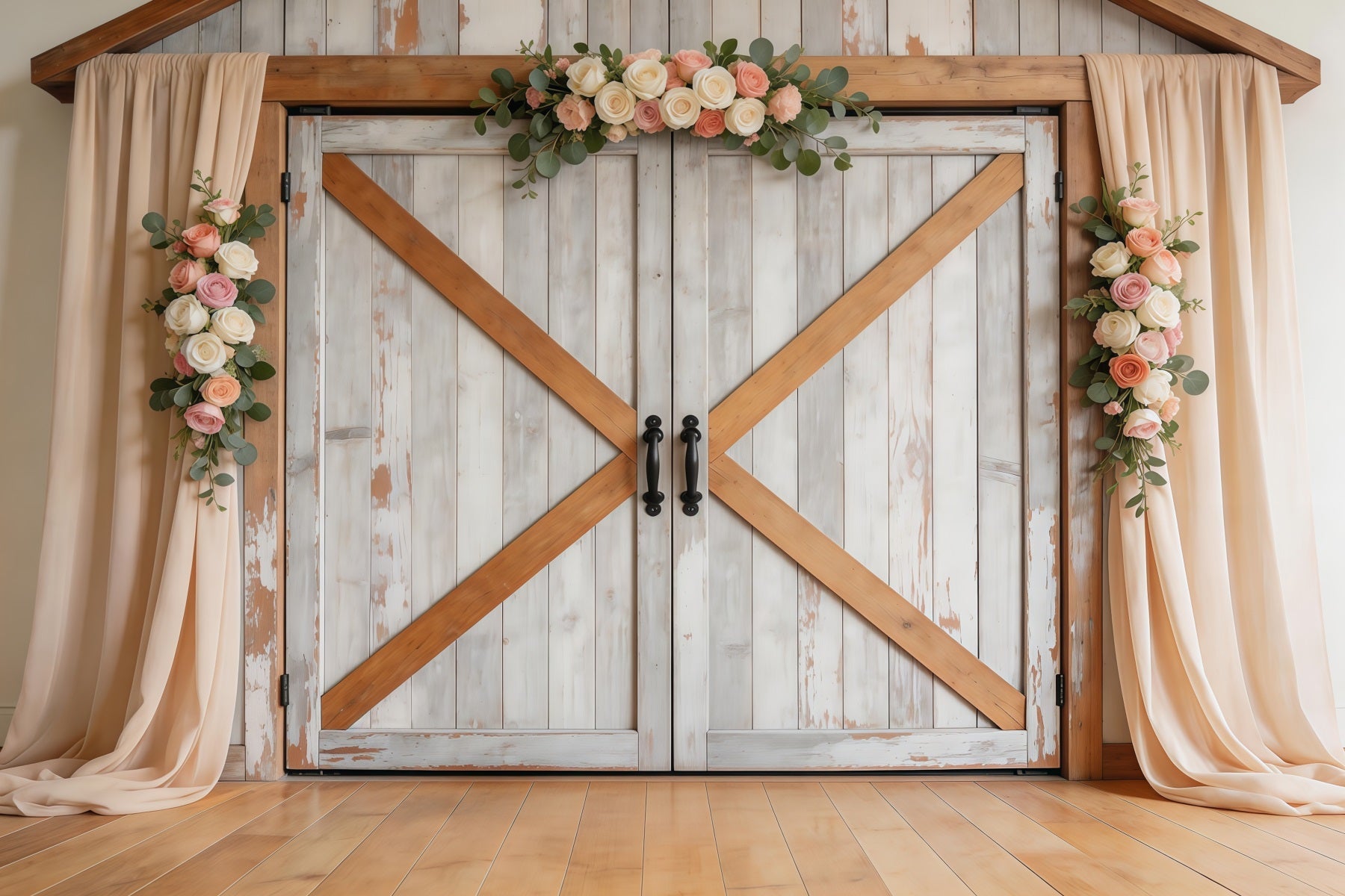 Fotohintergrund zum Muttertag im Farmhouse-Chic: Rustikale weiße Scheunentür aus Holz, Fotohintergrund zum Muttertag LXX63-43