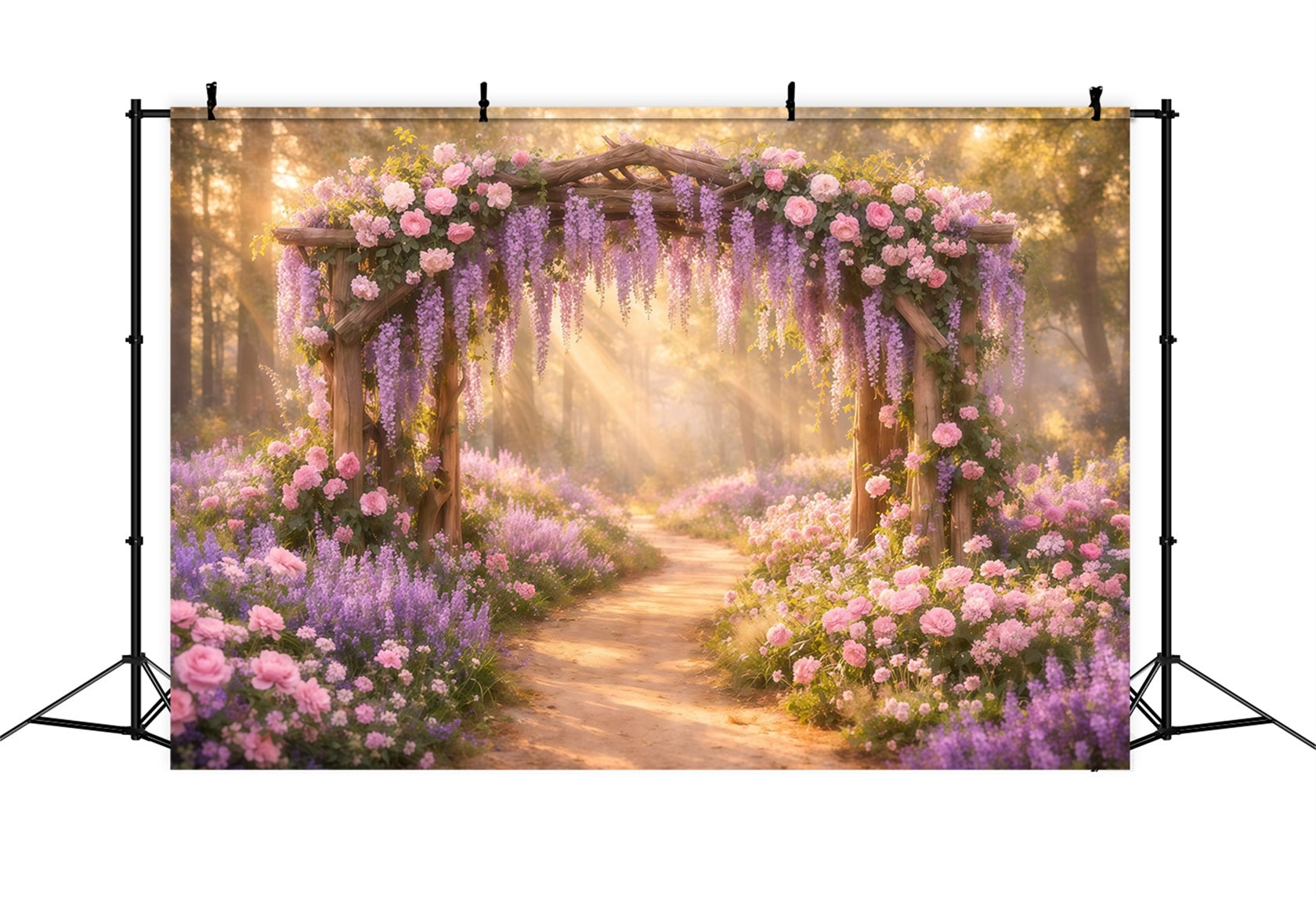 Lavendelstrauß Muttertag-Hintergrund – Goldener Sonnenlicht-Glyzinien-Blütenbogen-Hintergrund Muttertag LXX63-48