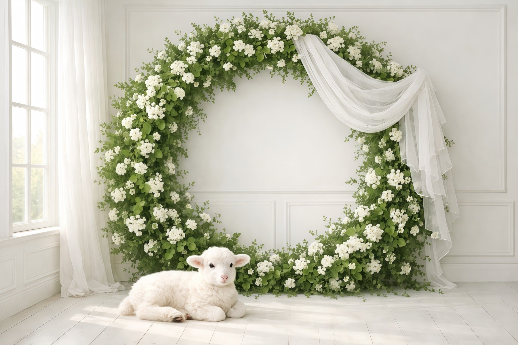Ideen für Muttertags-Fotohintergründe für die Kirche: Blumenkranz, weißes Lamm, „Happy Mother’s Day“-Fotohintergrund LXX63-49