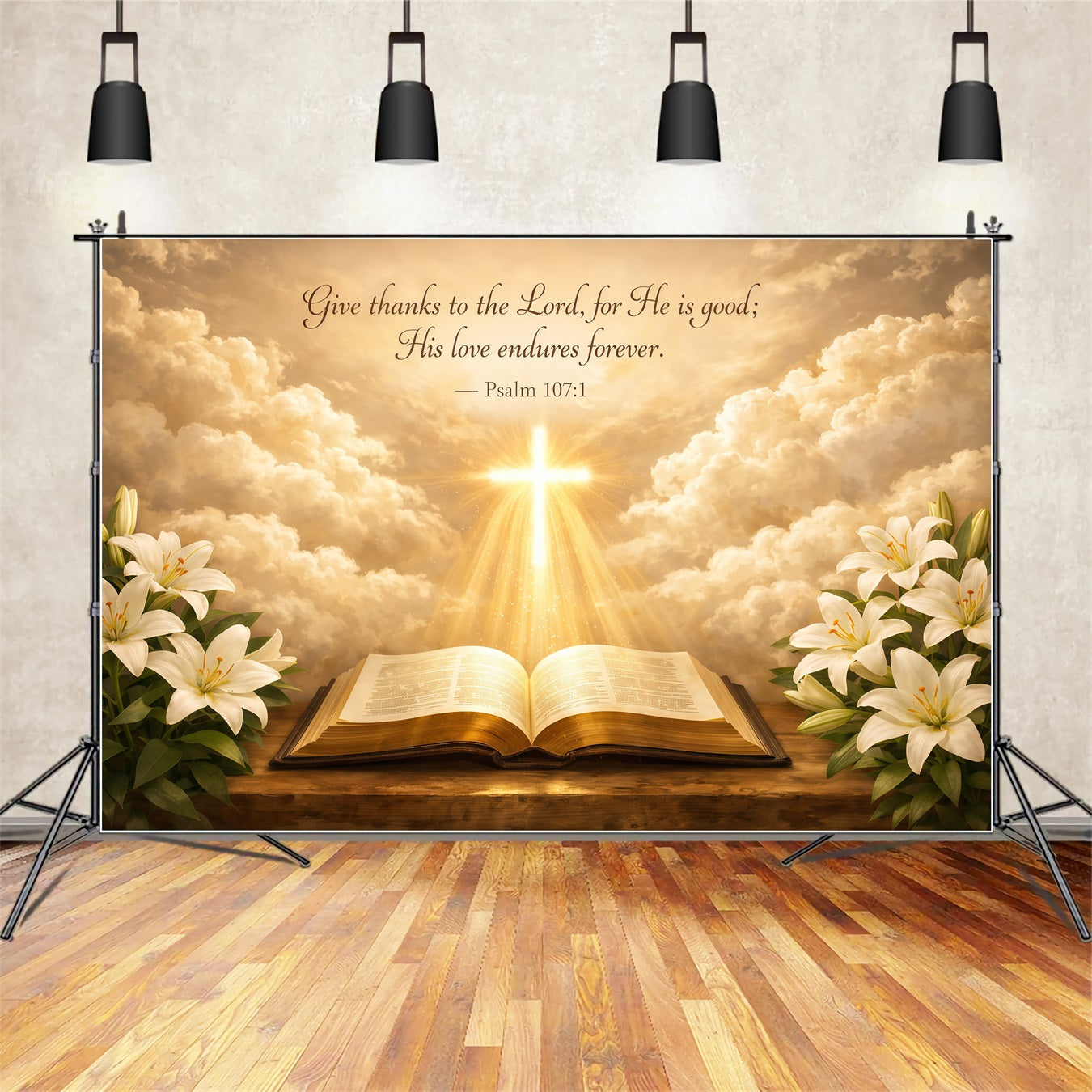 Ideen für Muttertags-Fotohintergründe für die Kirche: Goldenes Licht, Kreuz, Lilien, Wolken, „Happy Mother’s Day“-Fotohintergrund LXX63-50