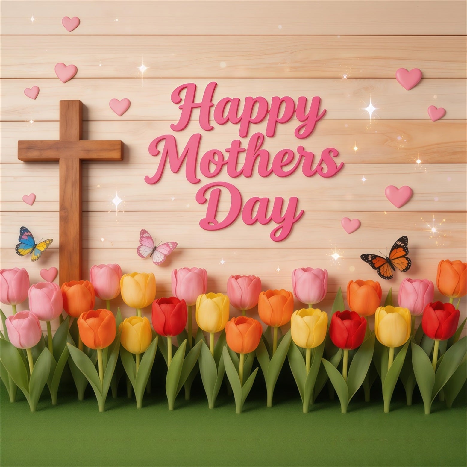 Fotohintergrund für den Muttertag in der Kirche: Tulpen, Schmetterling, Holzkreuz – Hintergründe für den Muttertag LXX63-51