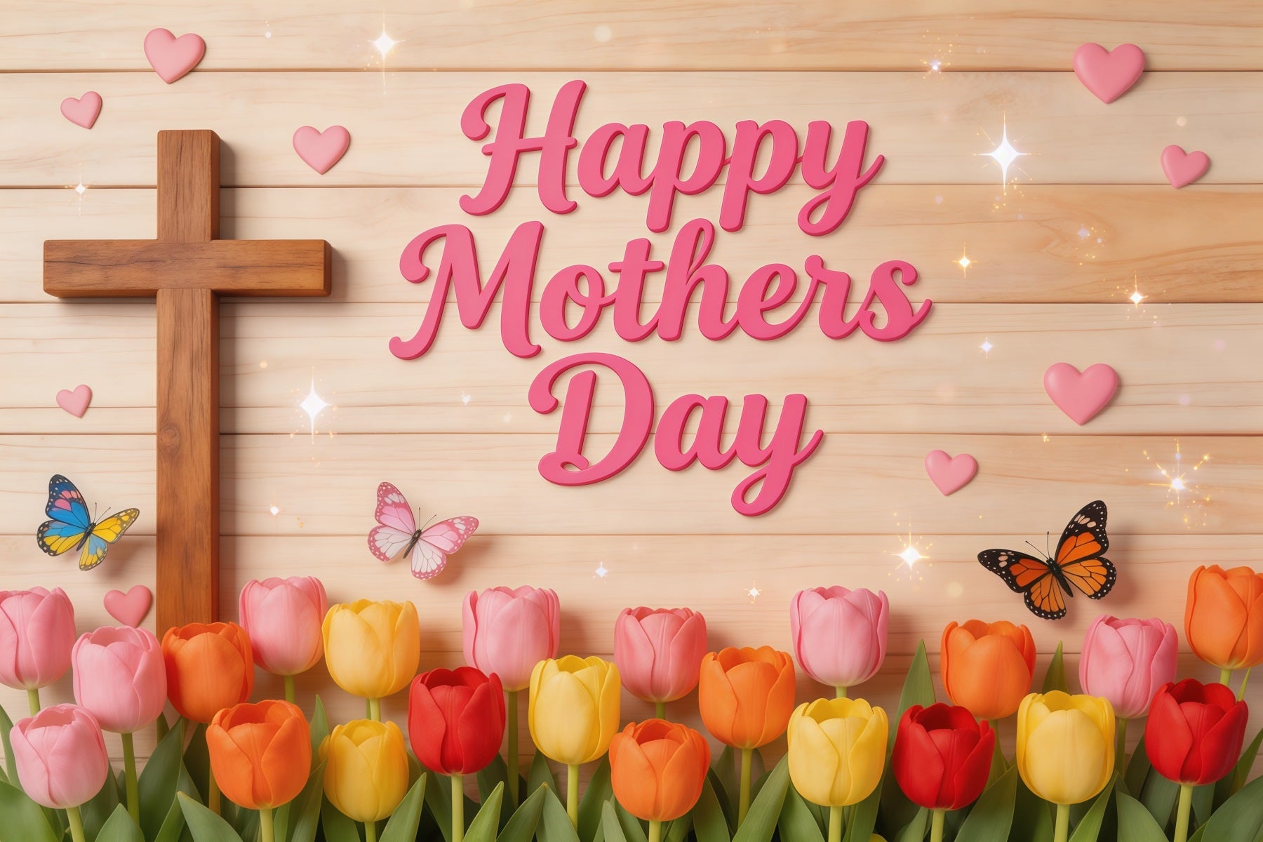 Fotohintergrund für den Muttertag in der Kirche: Tulpen, Schmetterling, Holzkreuz – Hintergründe für den Muttertag LXX63-51