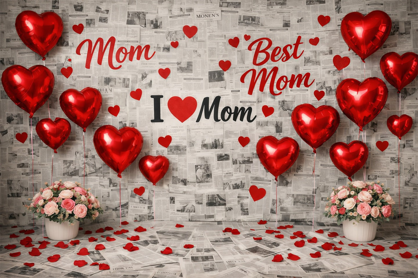 Muttertags-Hintergrund für die Schule: Rotes Herz, Ballons, Zeitungscollage – „Happy Mother's Day“-Hintergründe LXX63-53
