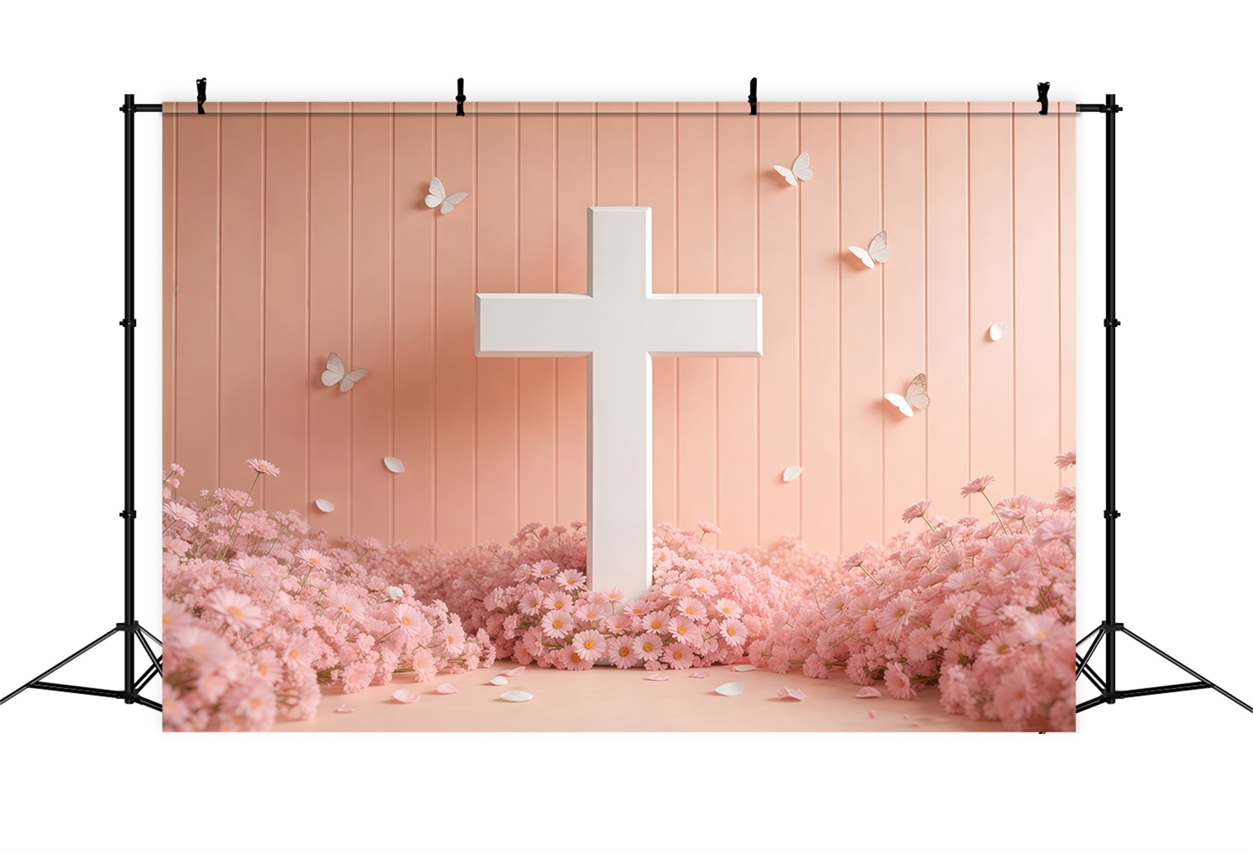 Muttertags-Hintergrund für die Kirche: Weißes Kreuz, rosa Gänseblümchen, Schmetterling – Muttertags-Fotohintergründe LXX63-54