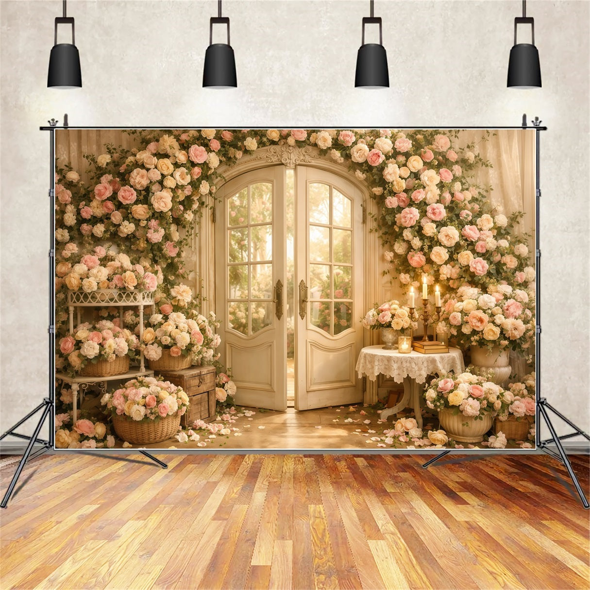 Muttertags-Hintergrund mit Blumen – Romantische Blumen-Tür, Kerzen, Vintage-Hintergrund zum Muttertag LXX63-55