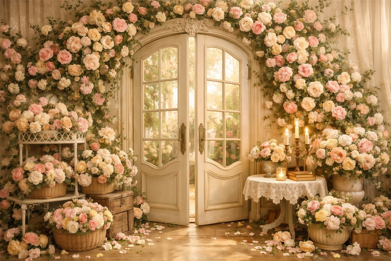 Muttertags-Hintergrund mit Blumen – Romantische Blumen-Tür, Kerzen, Vintage-Hintergrund zum Muttertag LXX63-55