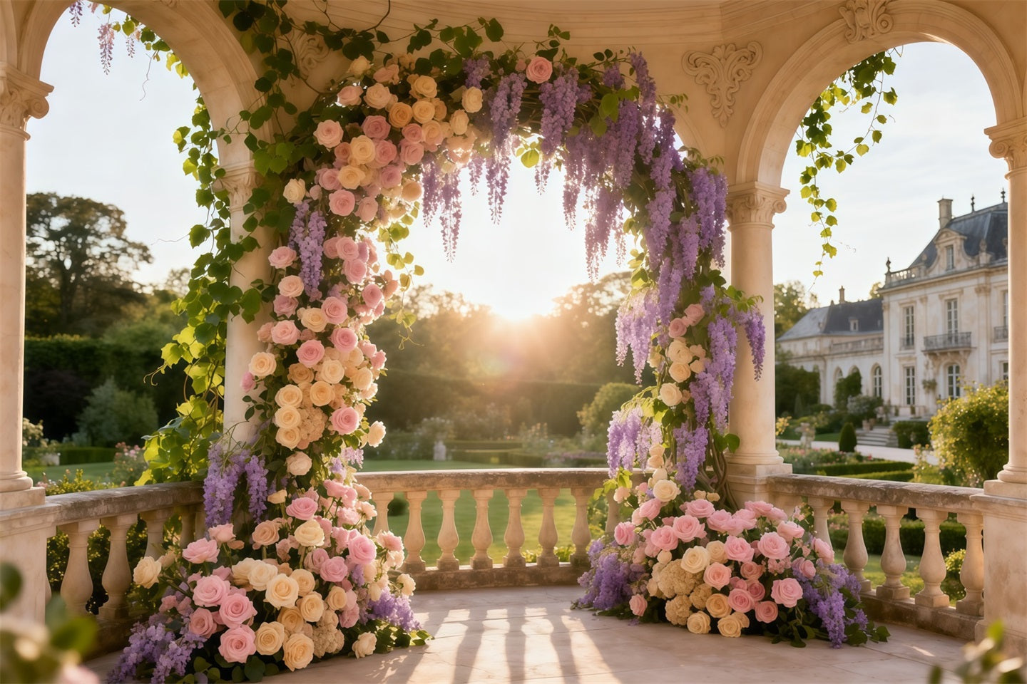 Ideen für blumige Muttertags-Hintergründe – Säulenbogen, Sonnenuntergang, Rosen, Glyzinien – Hintergrunddesign zum Muttertag LXX63-57