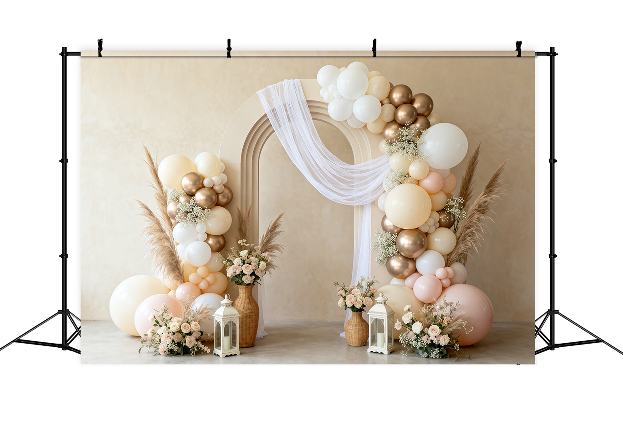 Muttertags-Ballon-Hintergrund: Eleganter neutraler Bogen, Boho-Pampas, schlichter Muttertags-Hintergrund LXX63-59