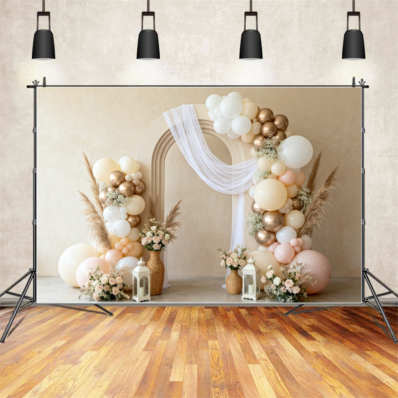 Muttertags-Ballon-Hintergrund: Eleganter neutraler Bogen, Boho-Pampas, schlichter Muttertags-Hintergrund LXX63-59