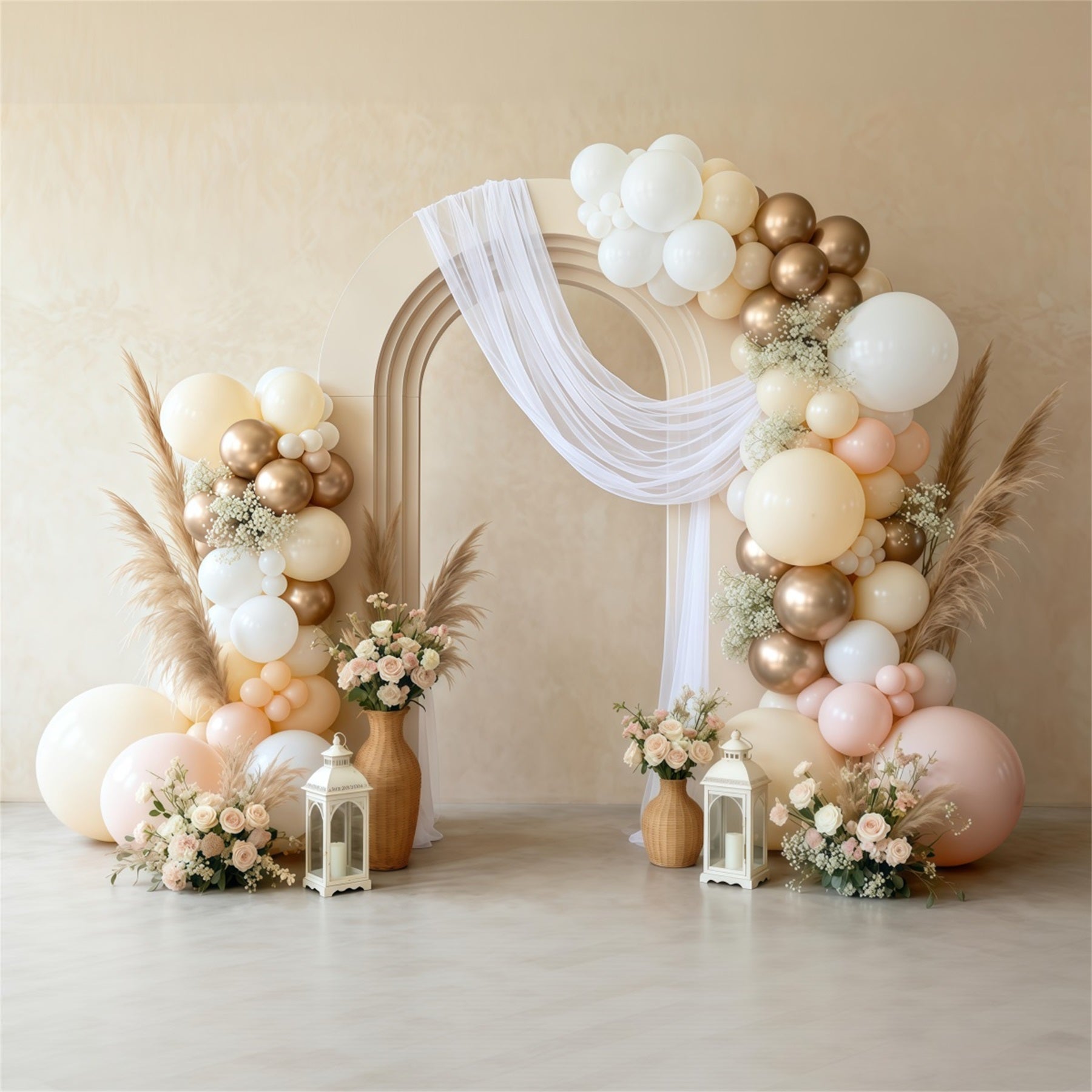 Muttertags-Ballon-Hintergrund: Eleganter neutraler Bogen, Boho-Pampas, schlichter Muttertags-Hintergrund LXX63-59