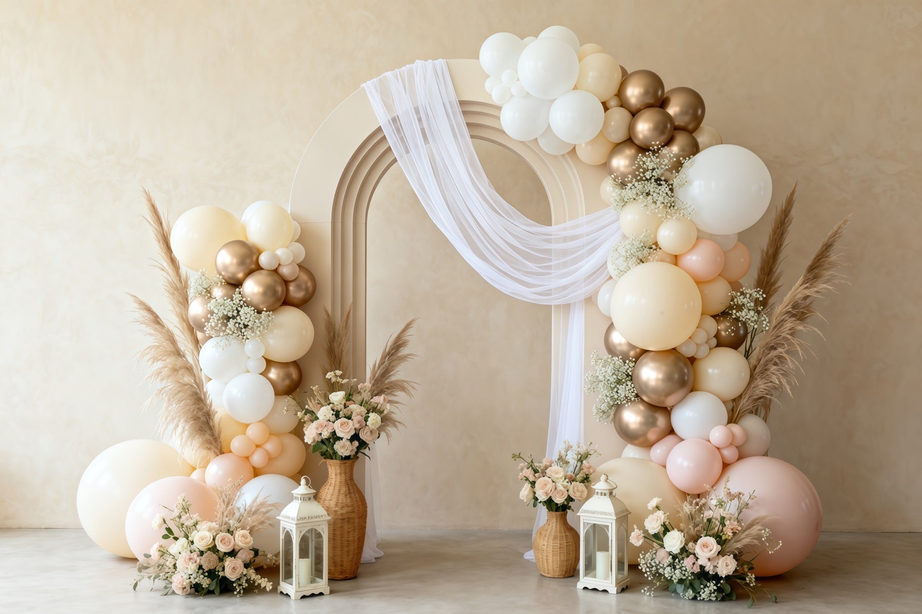 Muttertags-Ballon-Hintergrund: Eleganter neutraler Bogen, Boho-Pampas, schlichter Muttertags-Hintergrund LXX63-59