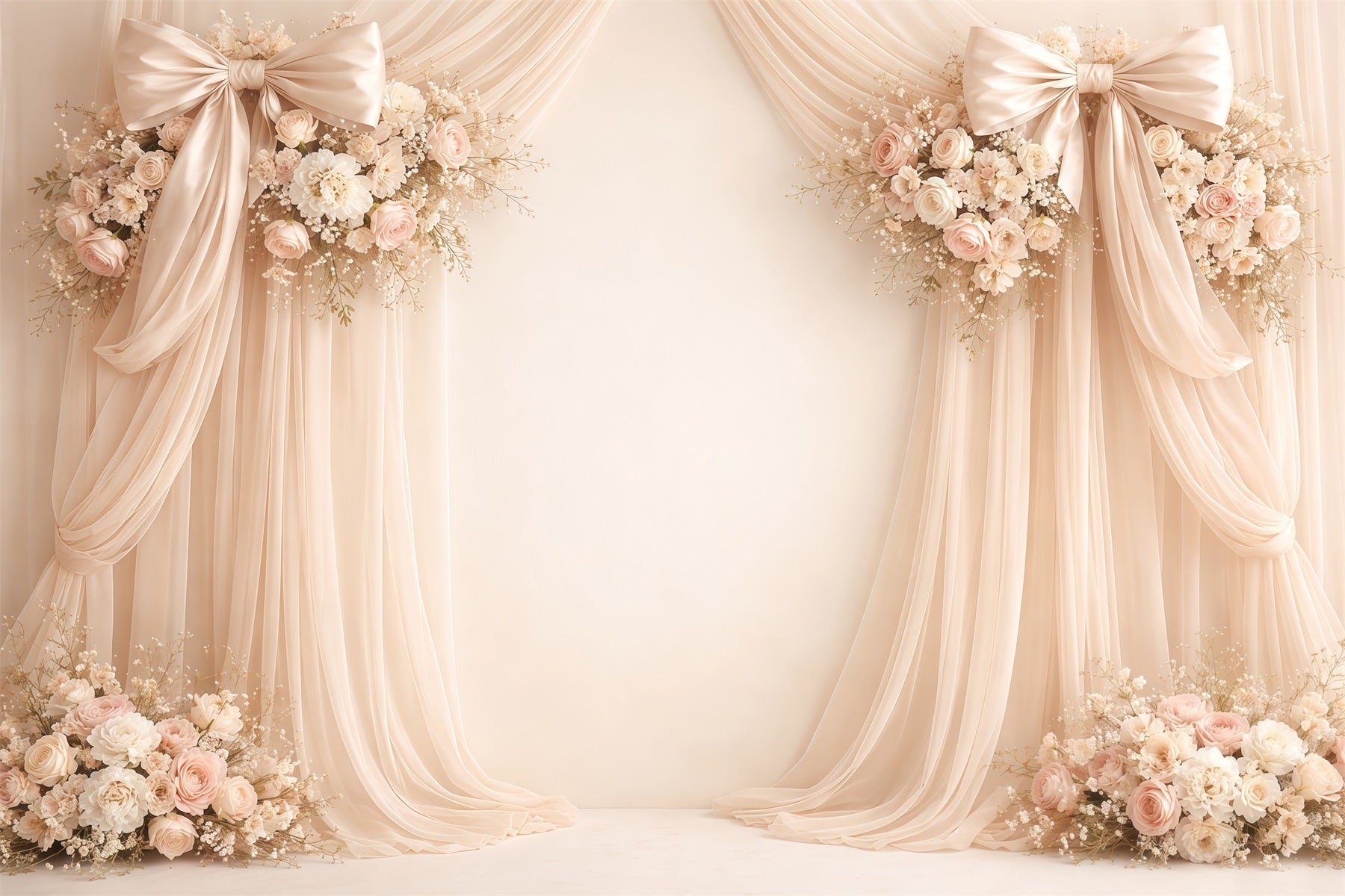 Muttertags-Porträt-Hintergrund: Eleganter cremefarbener drapierter Schleifen-Blumen-Muttertags-Hintergrund LXX63-7