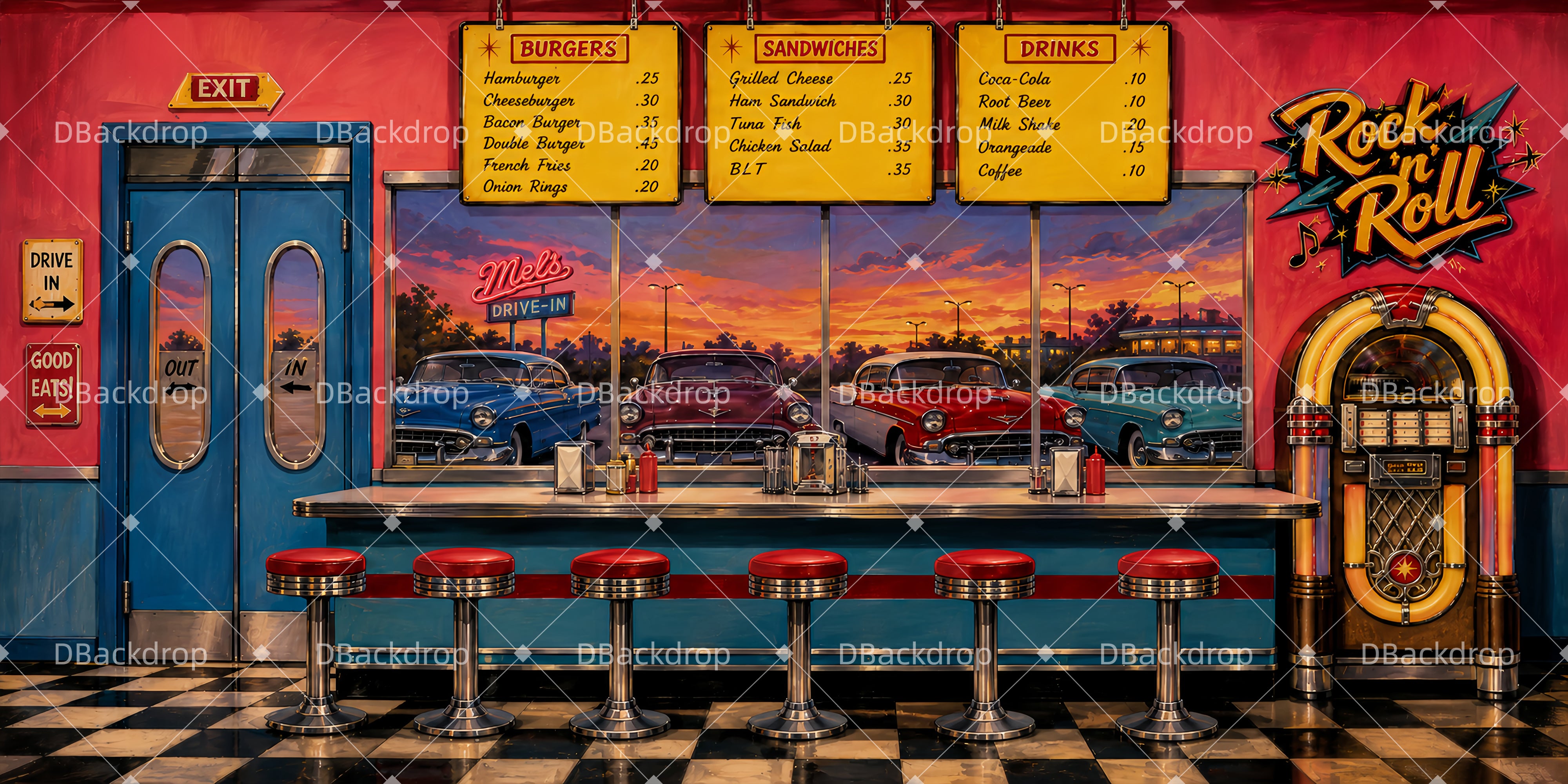 Günstiger Theaterhintergrund Vintage Rock Diner Bühnenkulisse LXX66-T88