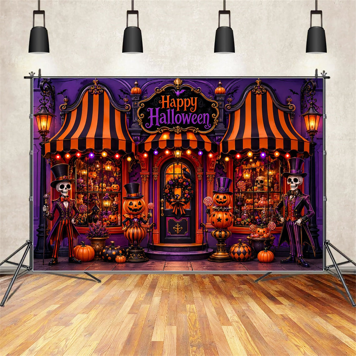 Halloween-Hintergrundideen Zum SelbermachenSkelett-Kürbis-Süßigkeitenladen-Hintergrund In Lila LXX67-100