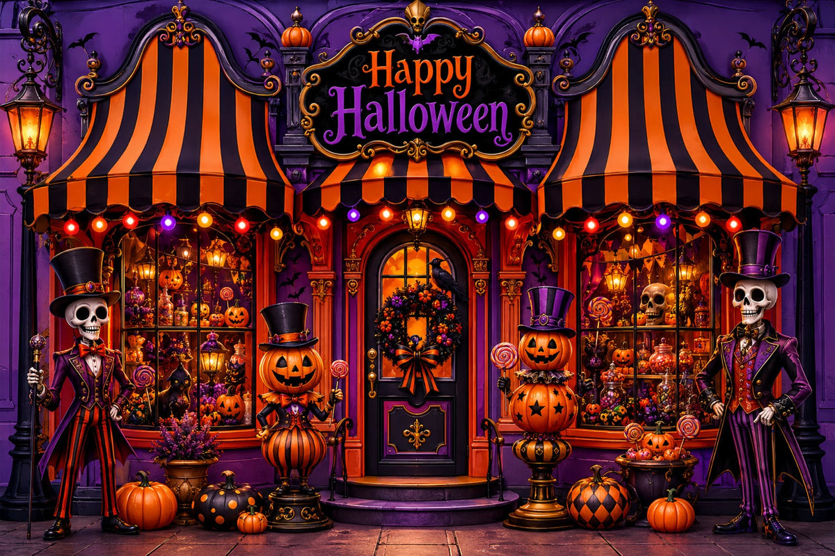 Halloween-Hintergrundideen Zum SelbermachenSkelett-Kürbis-Süßigkeitenladen-Hintergrund In Lila LXX67-100