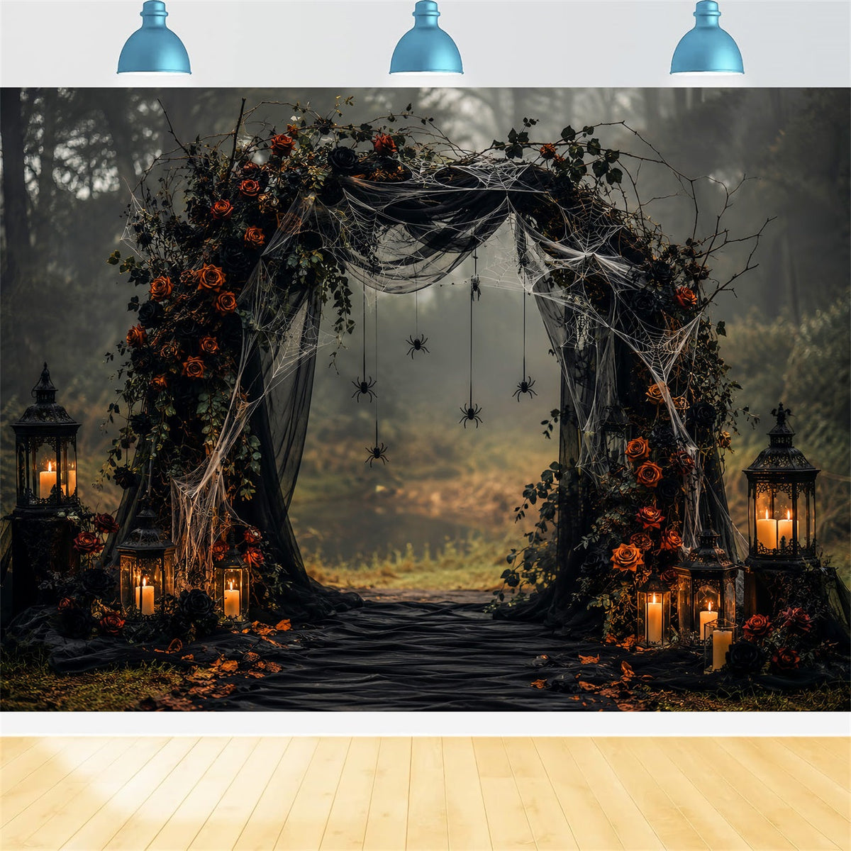 Halloween-Hochzeitshintergrund Gotischer Rosen-Spinnenbogen Halloween-Fotohintergrund LXX67-110