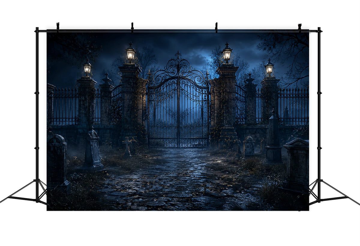 Halloween-Fotohintergrund Im FreienMondbeschienener Friedhof Mit Eisentor LXX67-120