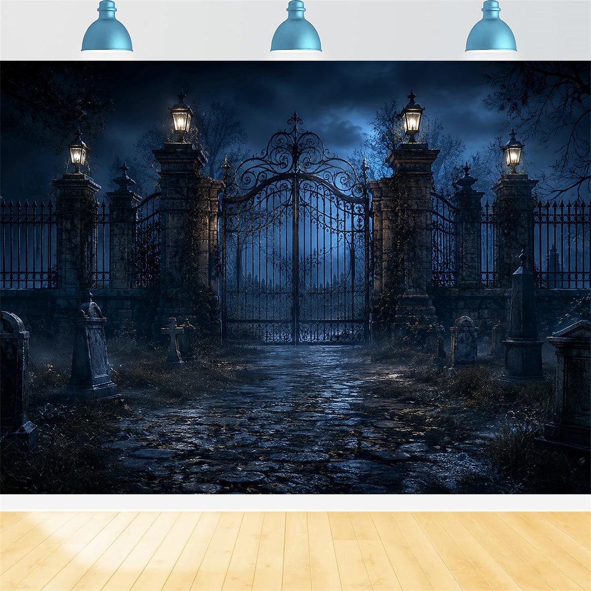 Halloween-Fotohintergrund Im FreienMondbeschienener Friedhof Mit Eisentor LXX67-120