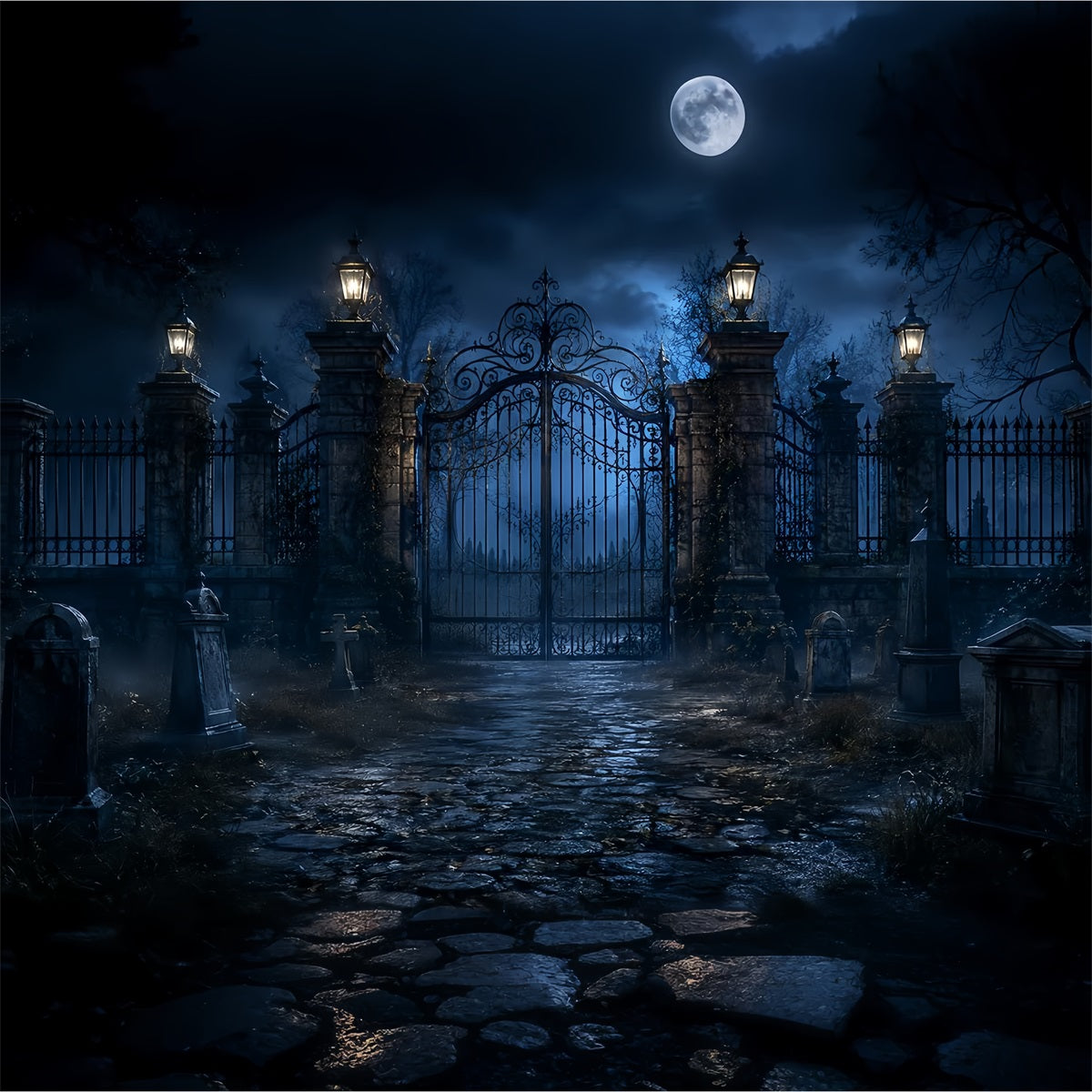 Halloween-Fotohintergrund Im FreienMondbeschienener Friedhof Mit Eisentor LXX67-120
