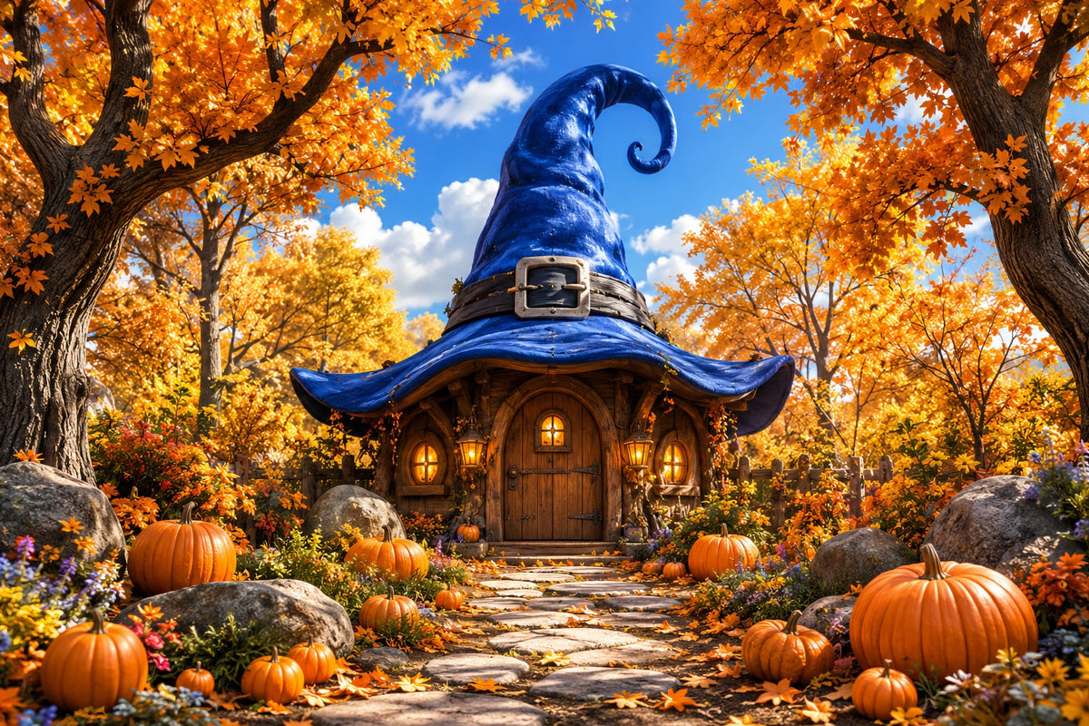 Halloween-Kulissen Aus Pappe Herbstliches Hexenhut-Häuschen Halloween-Fotografie-Hintergrund LXX67-129