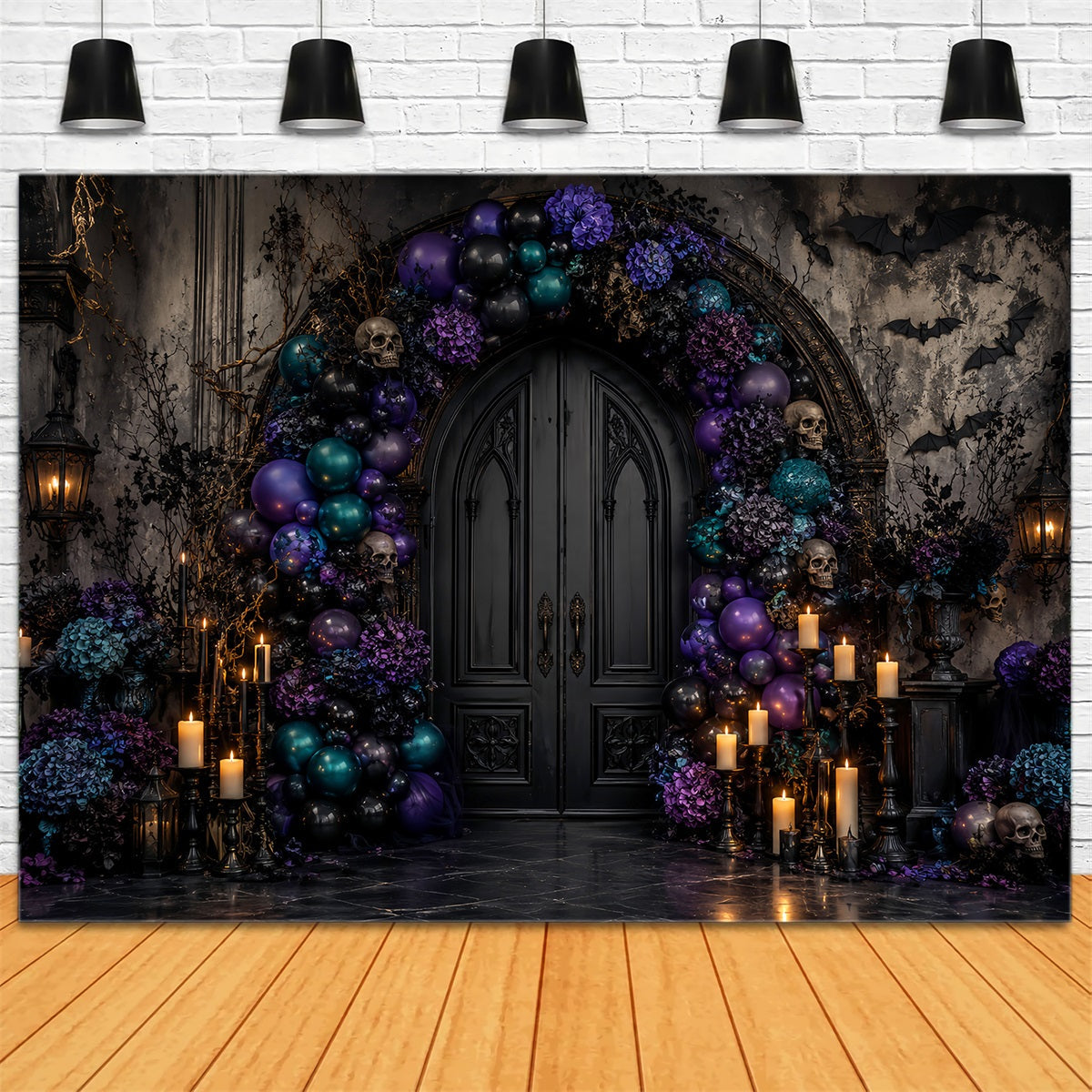 Halloween-Ballon-Hintergrund Totenkopf-Tür Blumenbogen Halloween-Themen-Hintergrund LXX67-139