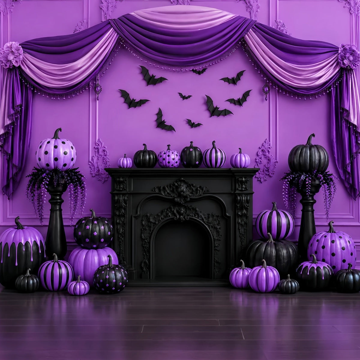 Halloween-Bühnenhintergrund Lila Kürbis Gotischer Kamin Halloween-Fotografie-Hintergründe LXX67-144