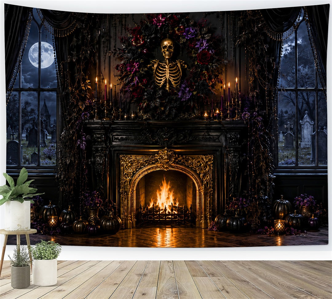 Halloween-FotohintergrundSkelett Blumen Gotischer Kamin – Gruseliger Halloween-Hintergrund LXX67-151