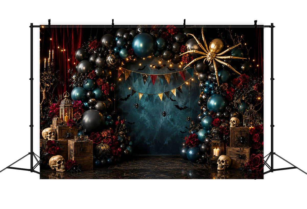 Gruselige Halloween-Fotohintergründe Totenkopf Spinne Ballonbogen Happy Halloween Hintergrund LXX67-156