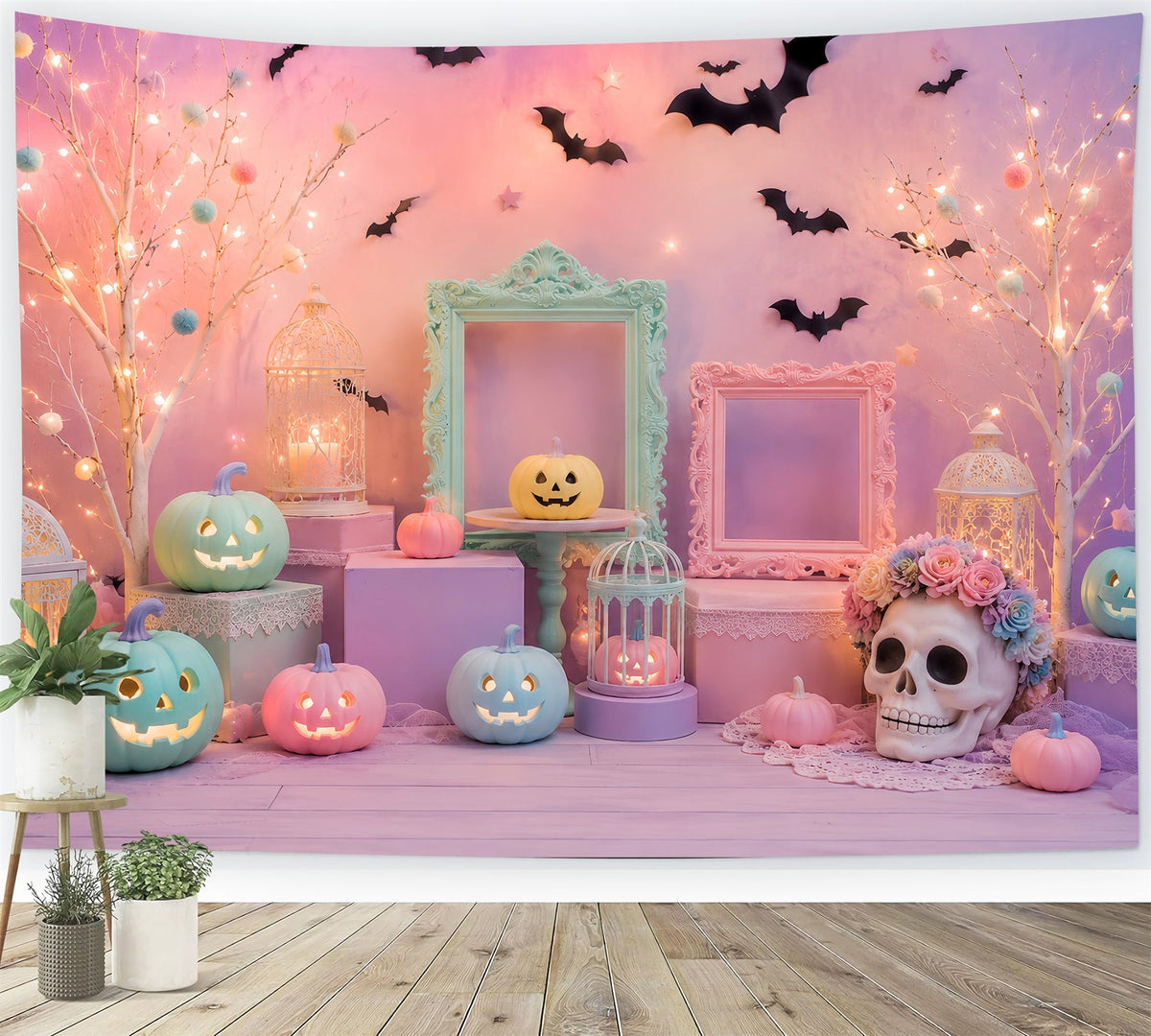 Niedliche Halloween-Hintergründe Pastellfarbene Kürbis-Totenkopf-Dekoration Halloween-Hintergründe Szenenbild LXX67-165