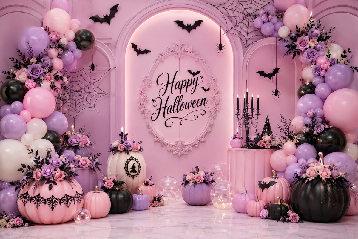 Halloween-Fotohintergrund Pastellkürbis-Blumenballonbogen Halloween-Geburtstagshintergrund LXX67-185