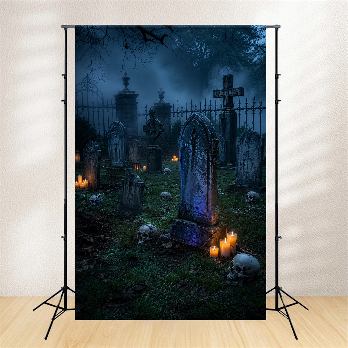 Halloween-Stoffhintergrund Nebliger Totenkopf Im Kerzenschein Friedhof Halloween-Hintergründe LXX67-202