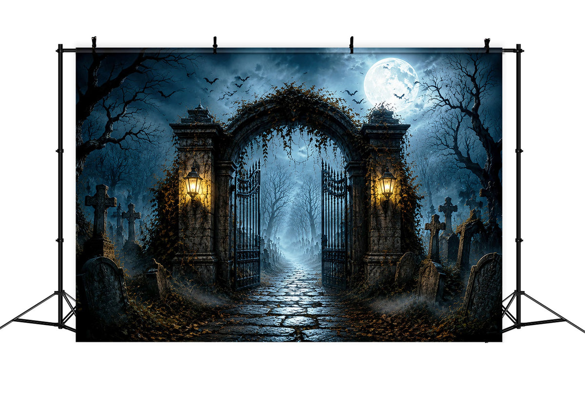 Halloween-FotohintergrundMondbeschienener Friedhof Mit Eisentor Fotohintergrund Für Halloween-Partys LXX67-21