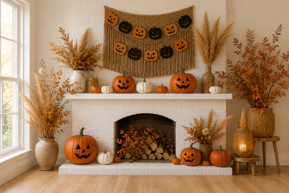 Kürbis-Hintergrund Herbstliche Gemütliche Kaminsims-Halloween-Hintergrundideen LXX67-216