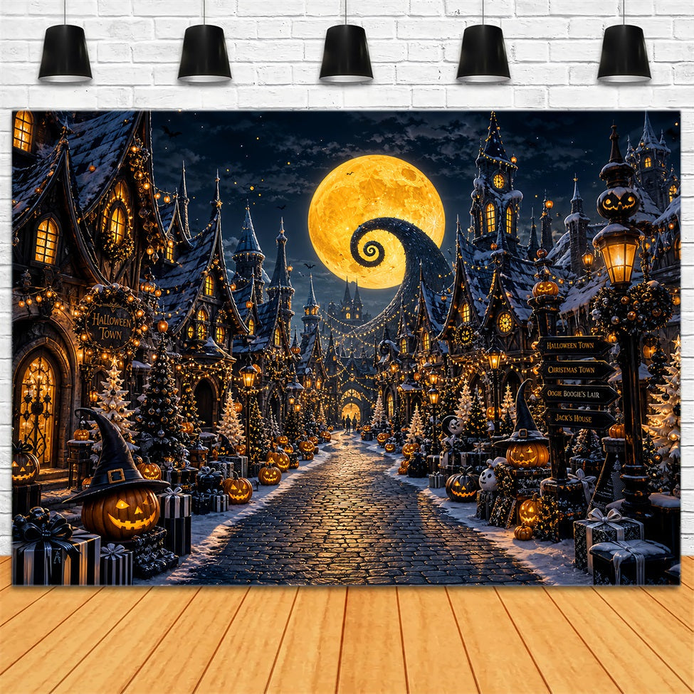 Halloween-Dorf-Hintergrund Spiralmond-Kürbis-Fotokabinen-Hintergrund LXX67-220