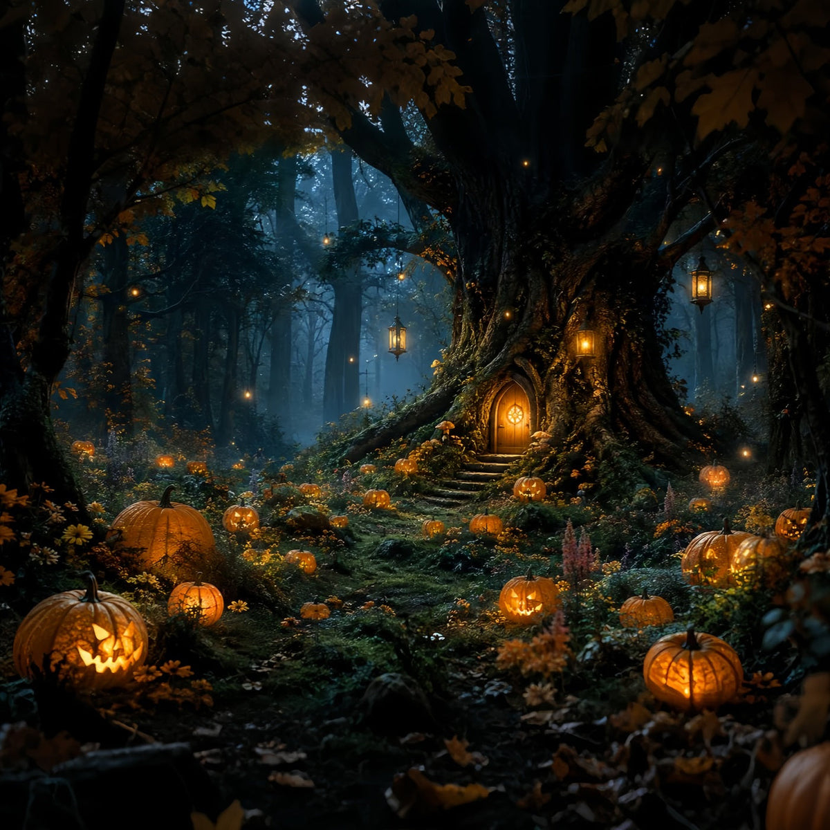 Gruseliger Waldhintergrund Laternenbeleuchteter Kürbisbaum Hütte Halloween-Fotografie-Hintergrund LXX67-239