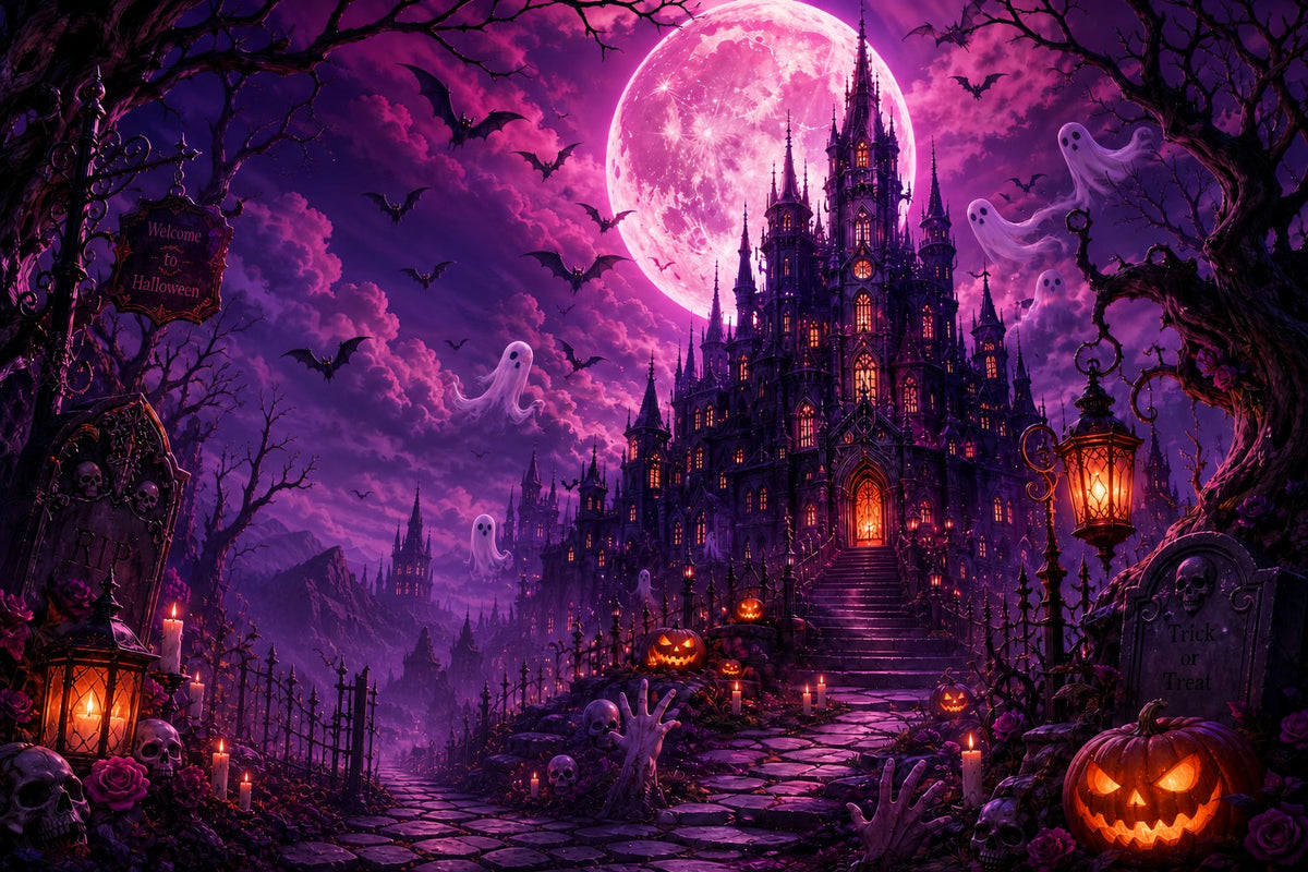 Friedhof-Halloween-Kulissen Lila Mond Geisterschloss Rosa Halloween-Kulisse LXX67-248