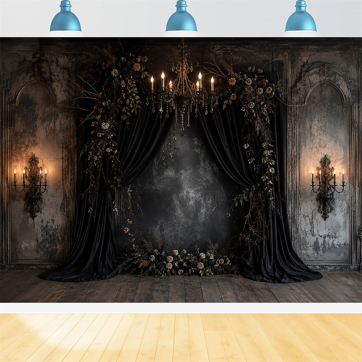 Kürbis-Hintergrund Schwarz Drapiert Florale Alkoven-Gothic-Hochzeitshintergrund LXX67-257