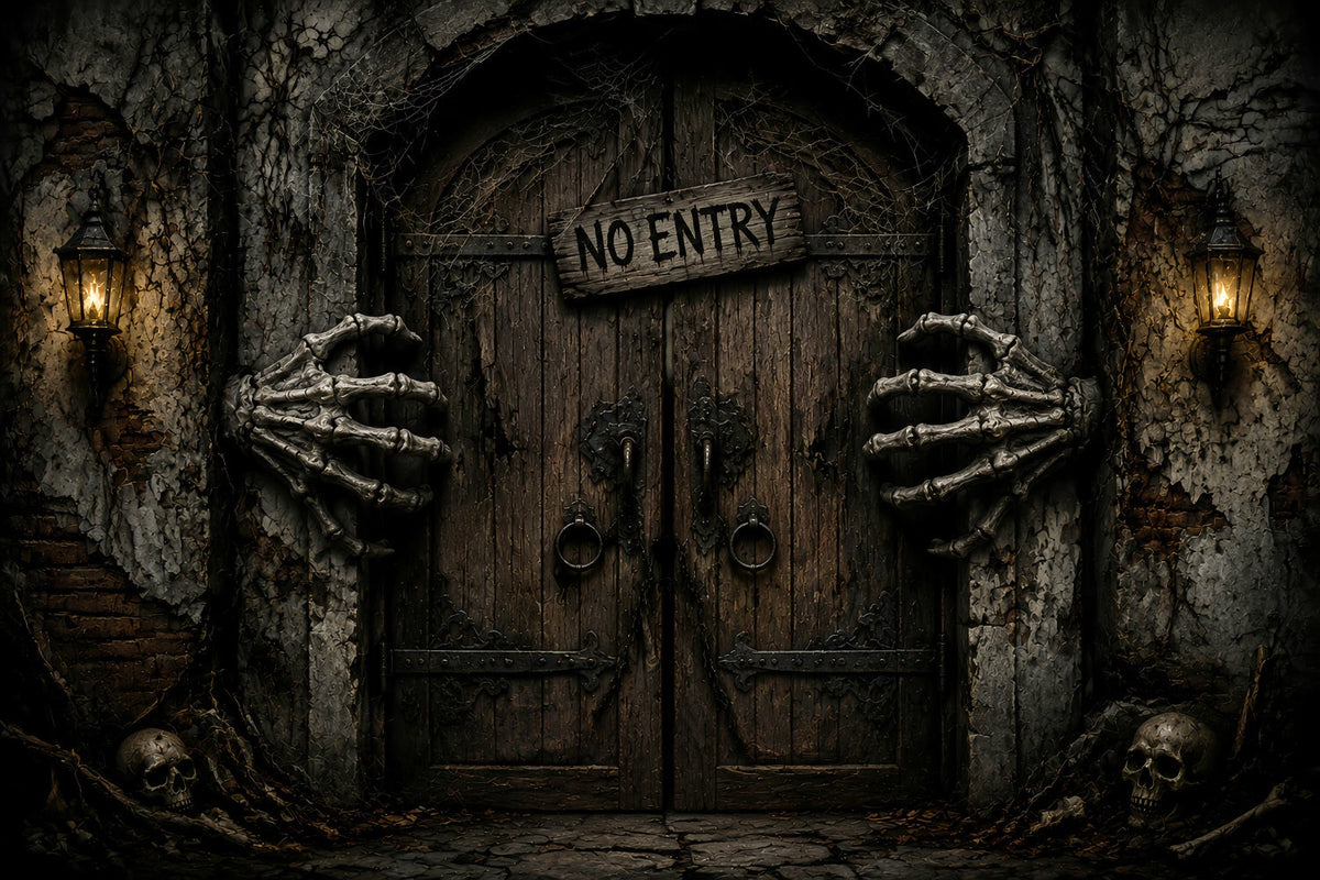 Halloween-Garage-Kulisse Mit Skeletthänden Und Verbotener Tür LXX67-26