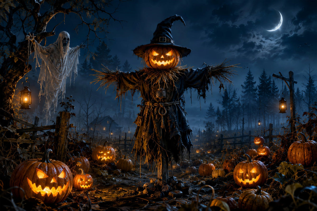 Kürbisbeet-Hintergrundkulisse Vogelscheuchen-Geisterfeld-Halloween-Themenhintergrund LXX67-261