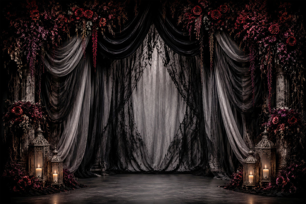 Halloween Hochzeitshintergrund Gotische Vorhänge Purpurrote Rosen Halloween-Fotohintergrund LXX67-3
