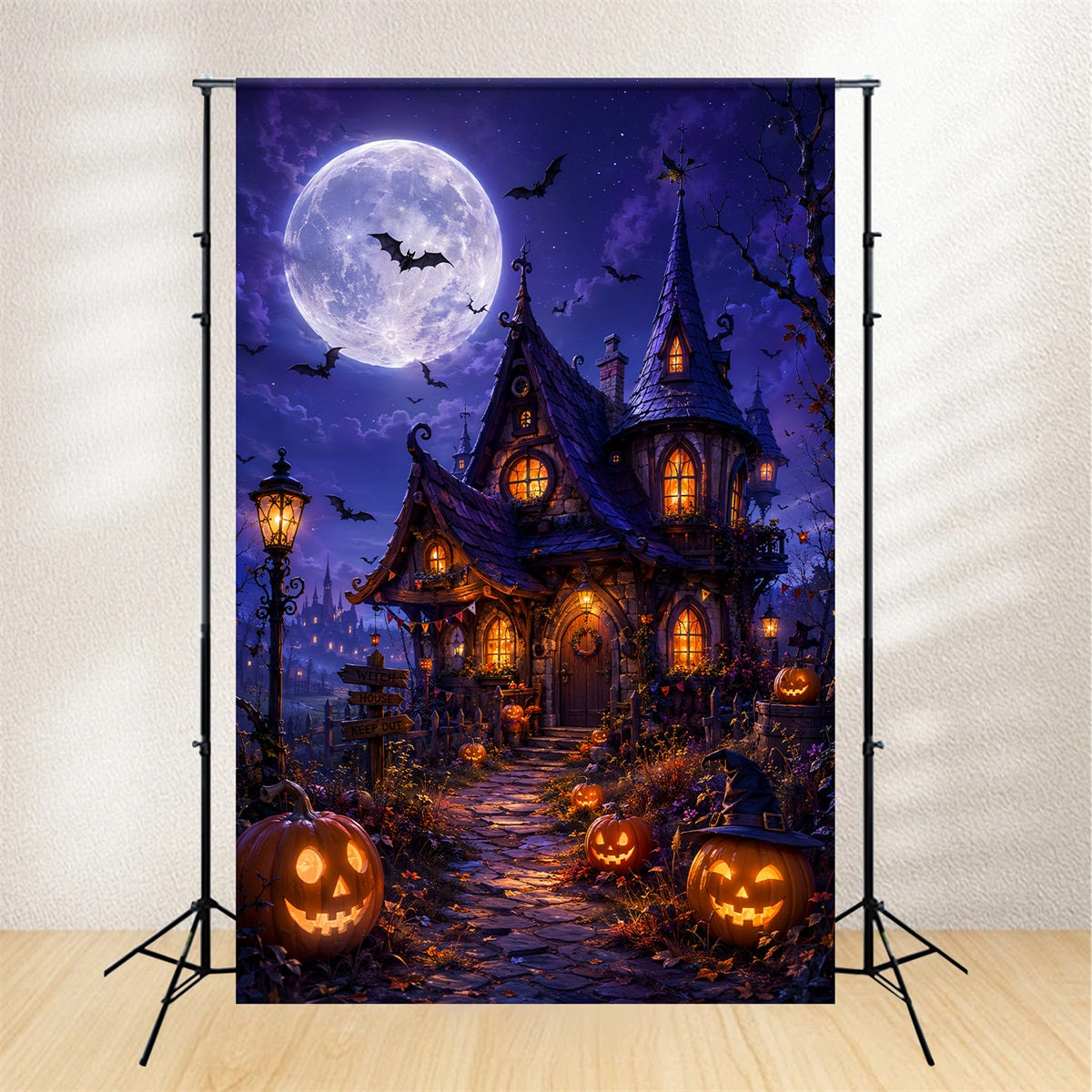 Diy-Halloween-Hintergrundideen Mondbeschienene Hexenhütte Kürbisse Gruselige Hintergründe Für Halloween LXX67-33