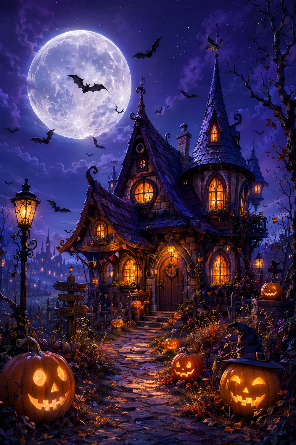 Diy-Halloween-Hintergrundideen Mondbeschienene Hexenhütte Kürbisse Gruselige Hintergründe Für Halloween LXX67-33