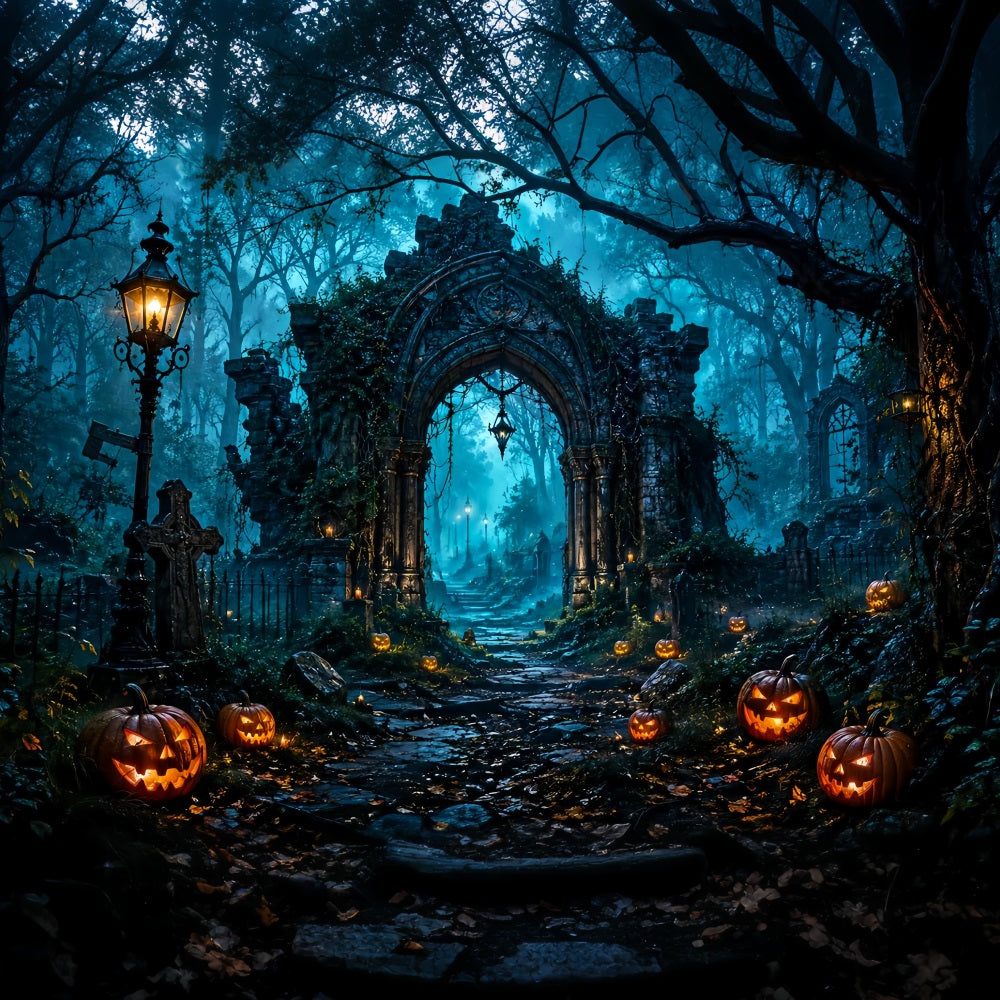 Halloween-Bogen-Hintergrund Spukwaldruinen Kürbisse Große Halloween-Hintergründe LXX67-36