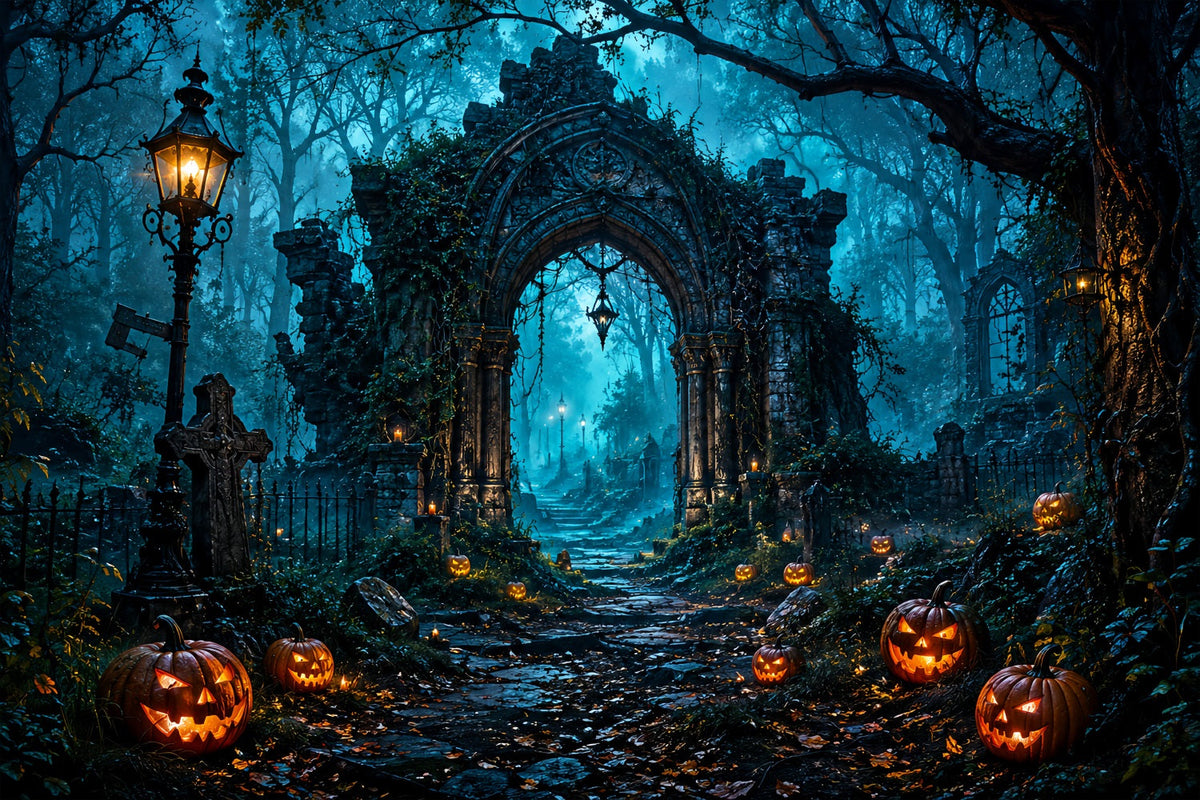 Halloween-Bogen-Hintergrund Spukwaldruinen Kürbisse Große Halloween-Hintergründe LXX67-36