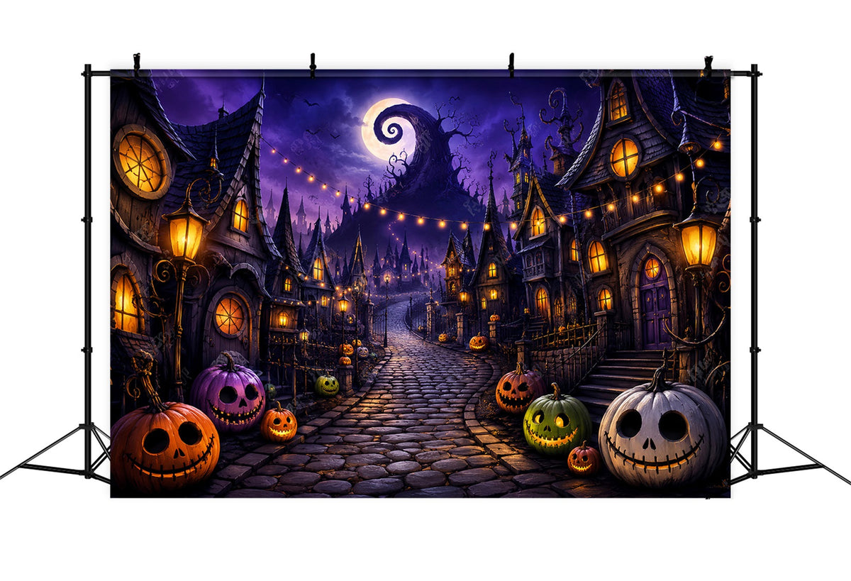 Fotohintergründe Halloween Lila Kürbis Dorfstraße Halloween Stadt Hintergrund LXX67-40