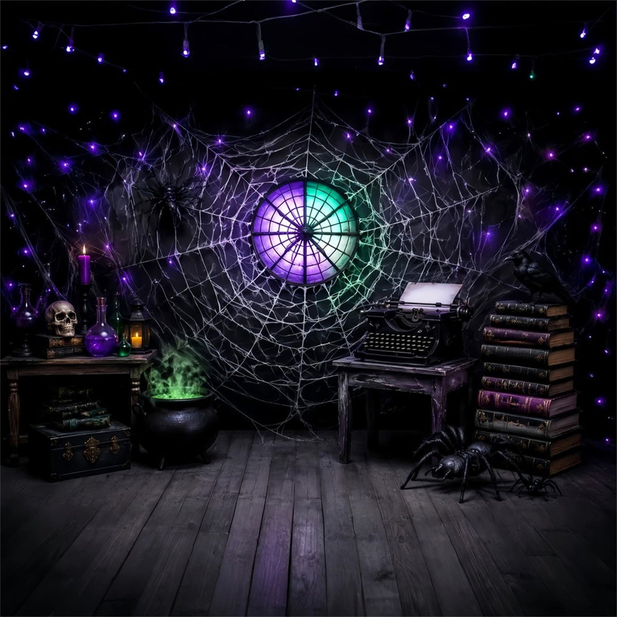 Halloween-HintergrundideenDiy-Spinnennetz-Schreibmaschinen-Zauberbuch-Studienhintergrund Lila Halloween-Hintergrund LXX67-48