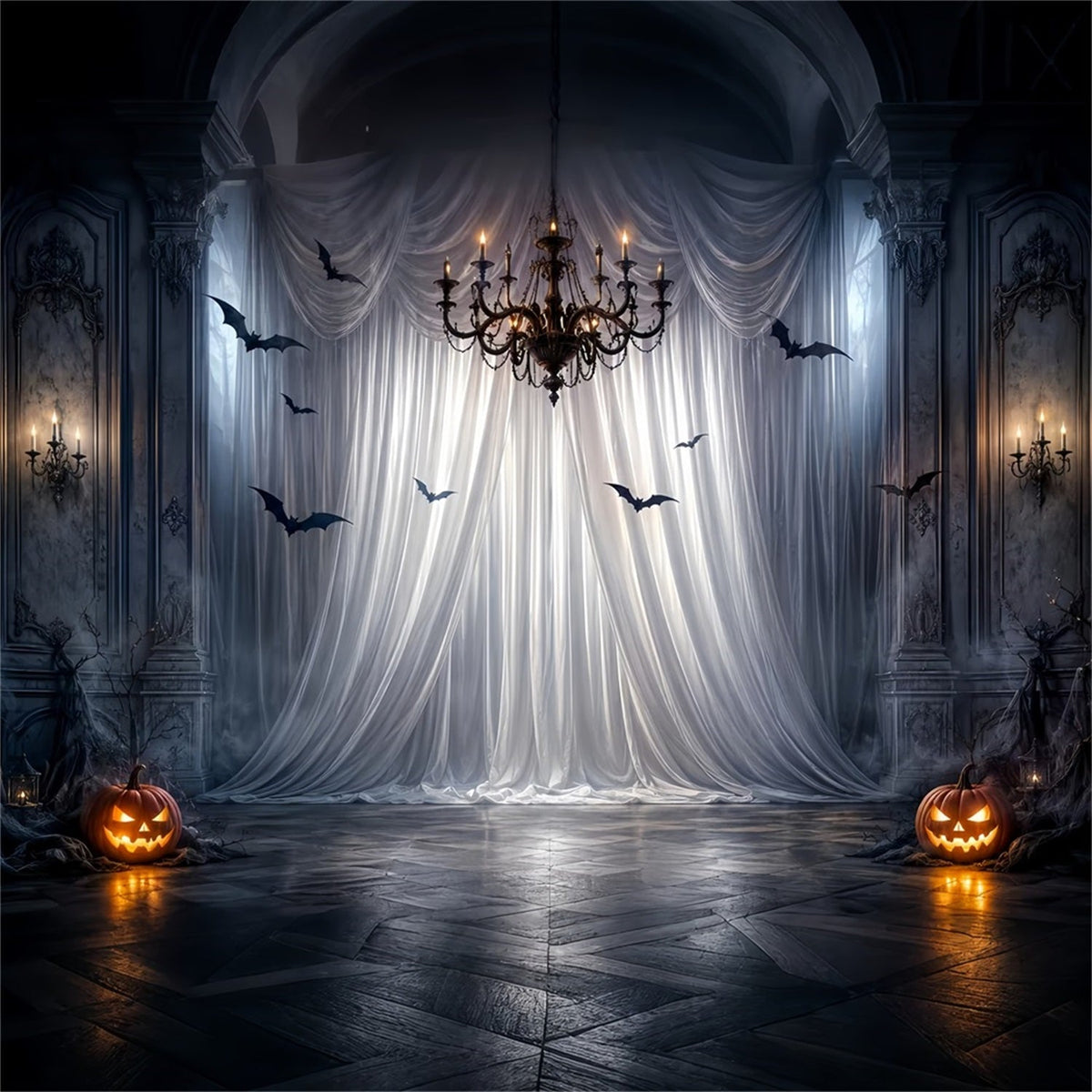 Halloween-Party-Fotohintergrund-IdeenGotische Vorhänge Kronleuchter Fledermäuse Gruseliger Halloween-Hintergrund LXX67-50