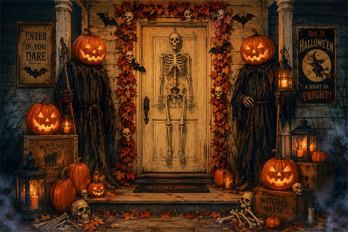Halloween-HintergrundkulisseSkelett-Kürbis-Türeingang Ideen Für Halloween-Hintergrundkulissen LXX67-62